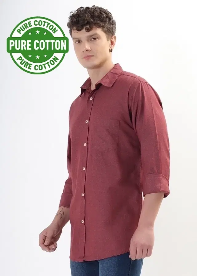 100% Cotton Full Sleeves Solid Shirt for Men, Maroon (XL)