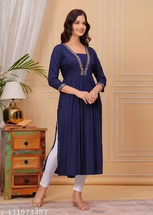 Solid Crepe Kurtis for Women, Navy Blue (L)