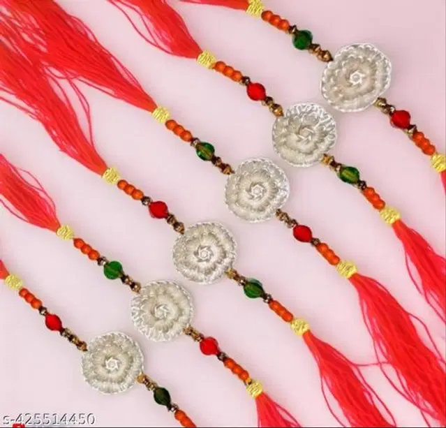 Handmade Designer Rakhi with Roli Chawal, Multicolor, Pack of 6