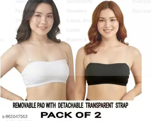 Bandeau Bra for Women, Pack of 2 (Black, L)