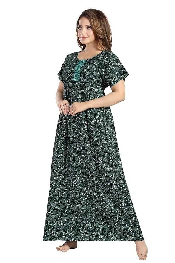 Womens Block Printed Full Length Night Dress/Night Gown -M, Beige & Green (M)