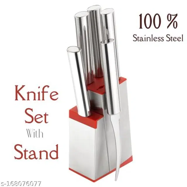 Stainless Steel Knife Set with Stand, Silver & Red, Set of 5