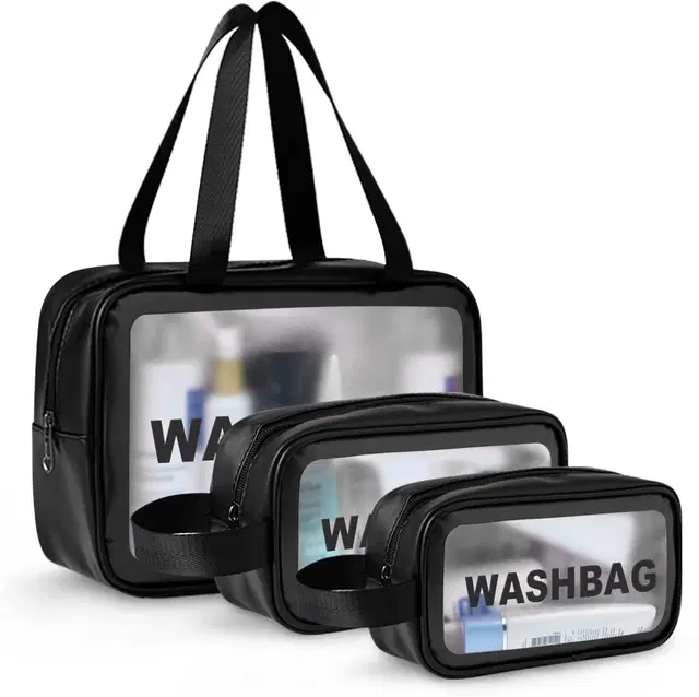 Portable Waterproof Zippered Cosmetic Bags, Black, Set of 3