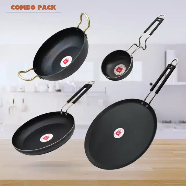 Frying Pan & Tawa Set, Pack of 4, Black, 1000 ml