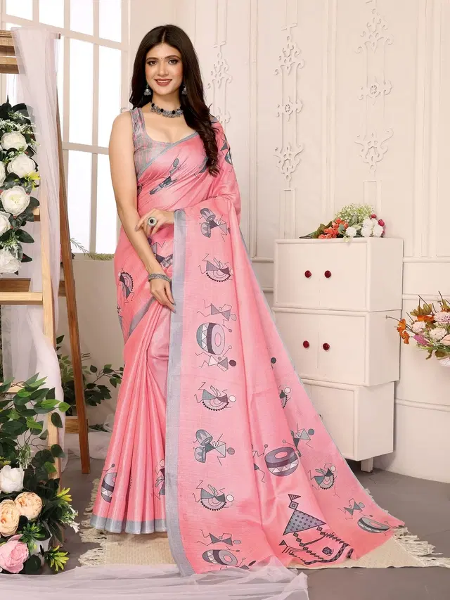 Kalamkari Printed Assam Silk Art Silk Saree for Women (Peach, Free Size)