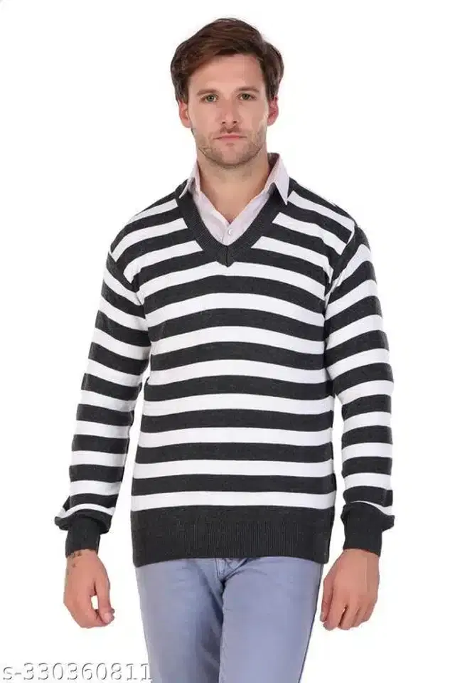 Acrylic Sweater for Men (Grey & White, L)