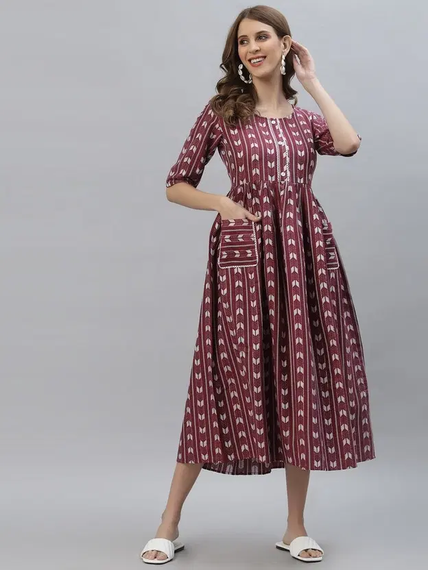 Womens Dobby Cotton Pocket Pleated kurti, Maroon (L)