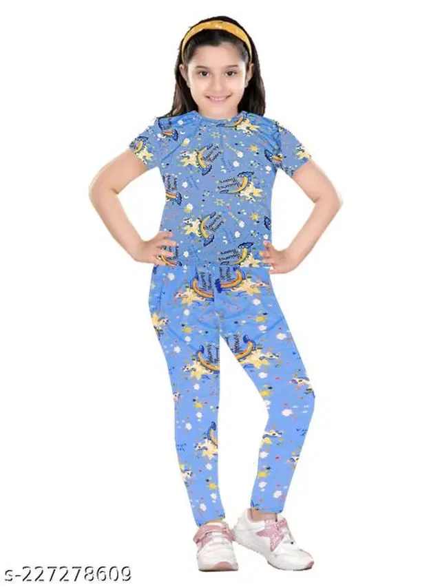 Polycotton Nightsuit for Girls (Sky Blue, 2-3 Years)