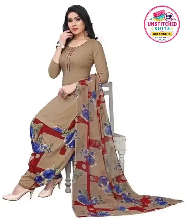 Crepe Floral Print Unstitched Suit with Dupatta for Women, Beige
