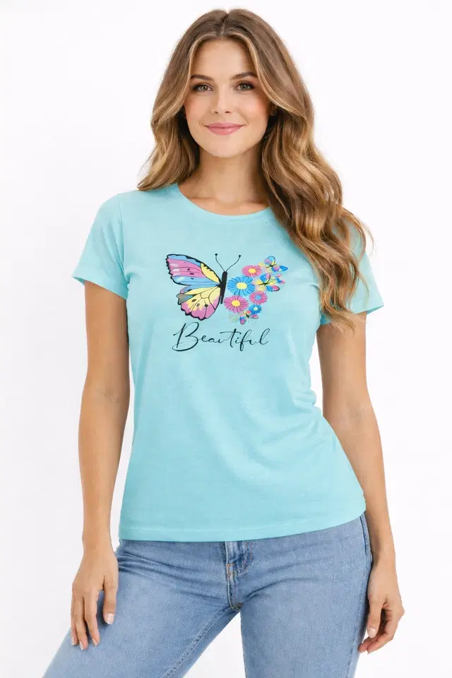 Cotton Blend Printed T-shirt for Men, Aqua Blue (S)