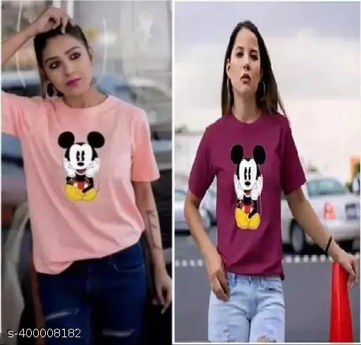 Cotton Blend Printed T-Shirt for Women, Pink & Maroon, Pack of 2 (S)