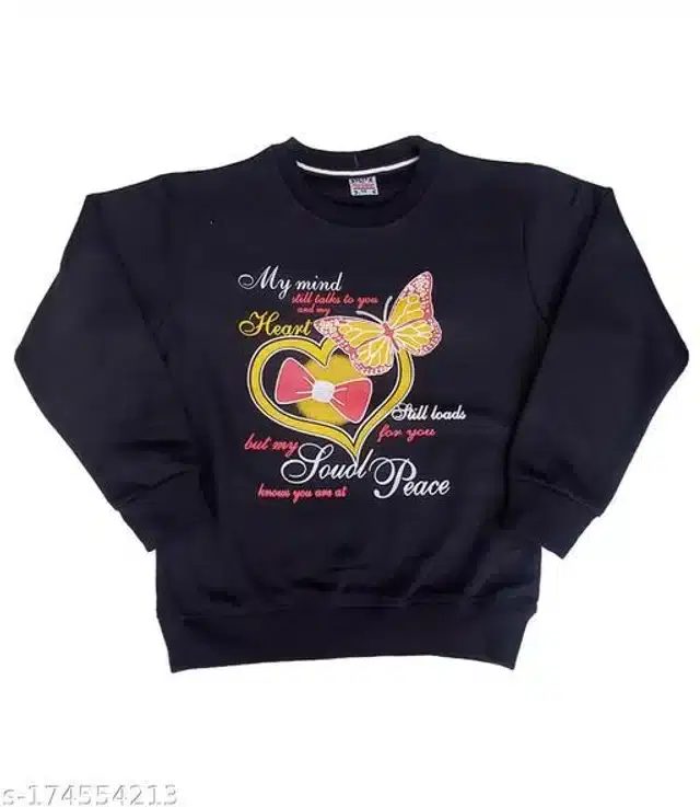 Fleece Printed Full Sleeves Round Neck Sweatshirt for Girls (Black, 5-6 Years)