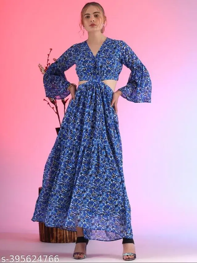 Georgette Printed Gown for Women (Blue, XS)