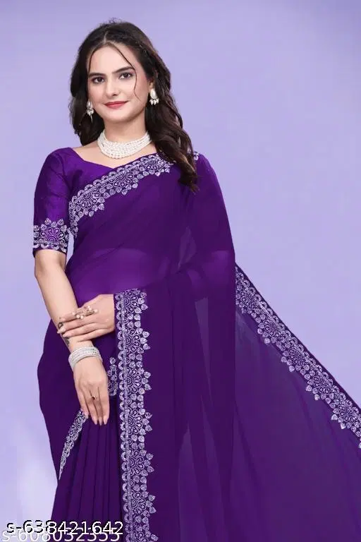 Georgette Solid Saree for Women, Purple (6.3 m)