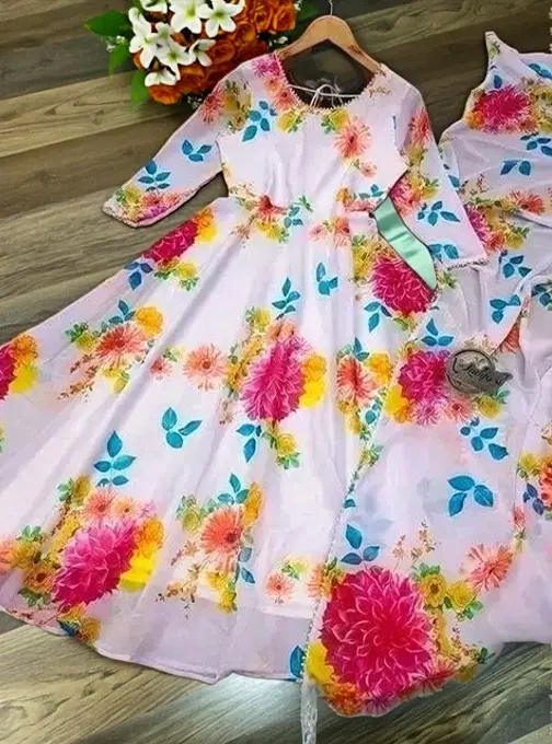 Georgette Printed Gown with Dupatta for Girls (Multicolor, XS)