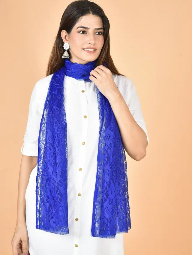 Net Self-Design Dupatta for Women (Royal Blue, 2.2 m)