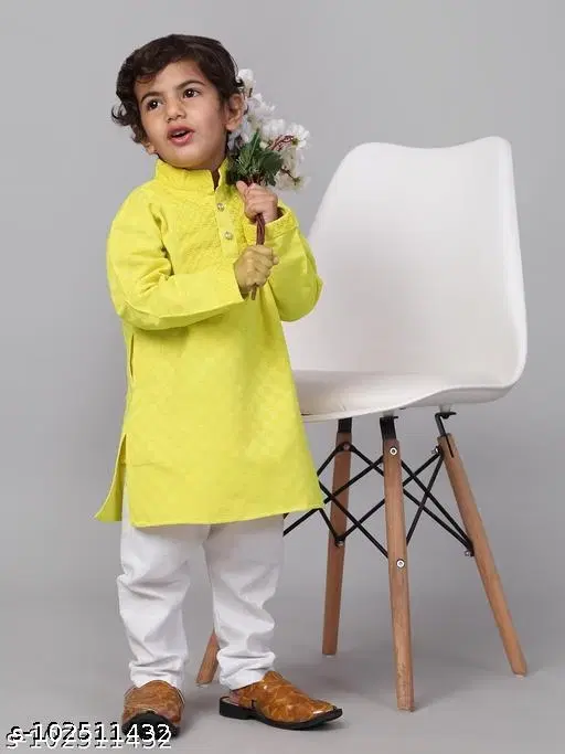 Cotton Kurta with Pyjama for Boys (Lemon Yellow & White, 9-12 Months)