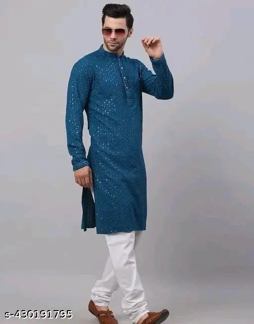 Embellished Regular Kurta for Men (Blue, S)