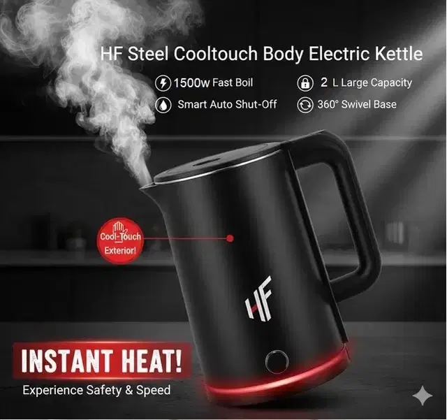 HF Steel Cooltouch Body Electric Kettle (2 L, 1500W, Black)