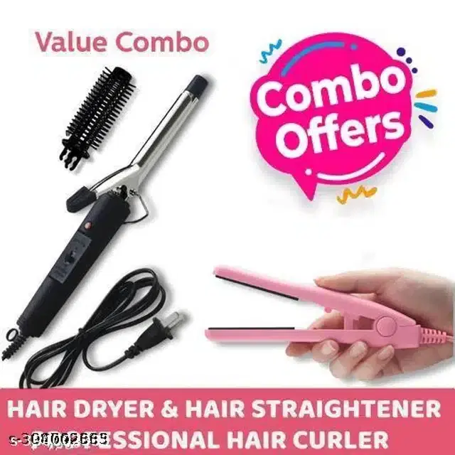 Mini Straightener & Hair Curler Combo, Multicolor, Set of 2