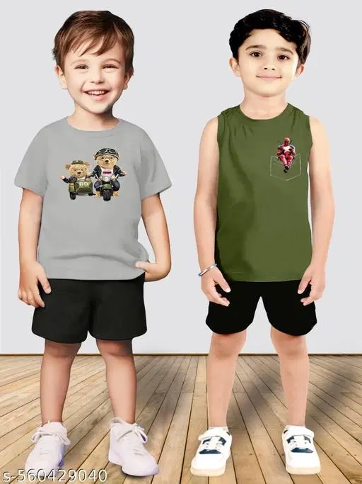 Cotton Blend Printed Clothing Set for Boys, Grey & Olive, Pack Of 2 (0-1 Months)