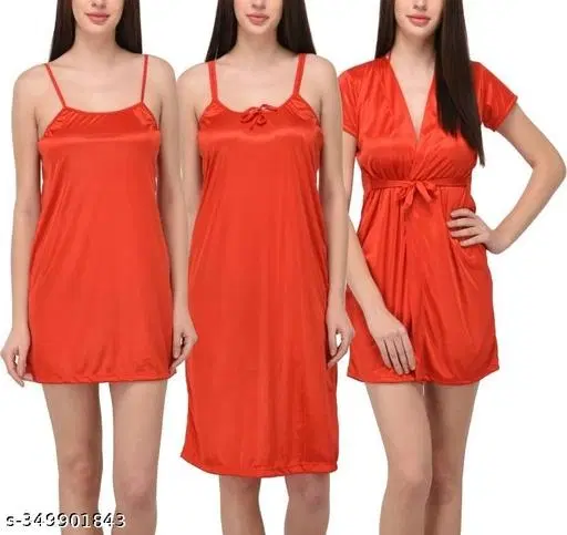 Satin Solid Babydoll for Women, Red (S)