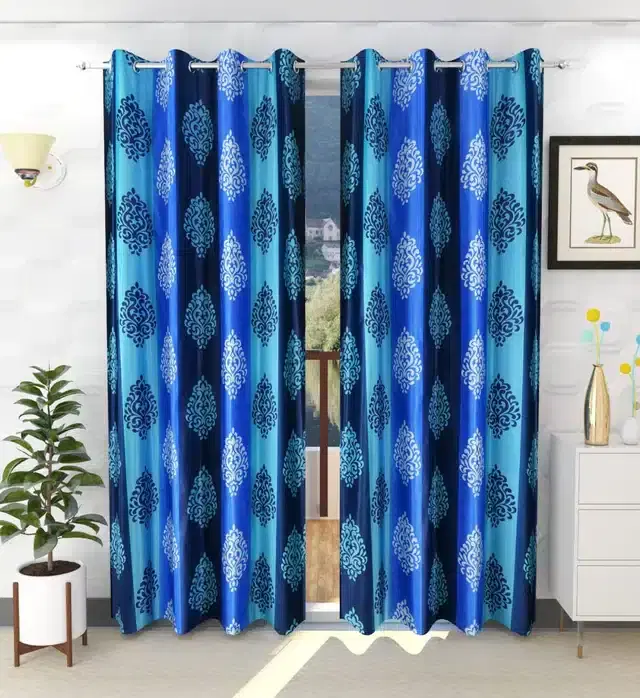 Polyester Printed Window & Door Curtains, Pack of 2, Blue, 5 feet
