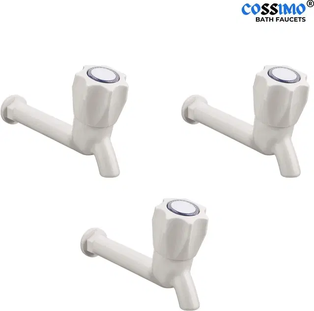 Plastic Long Body Bib Cock Tap with Wall Flange, White, Set of 3