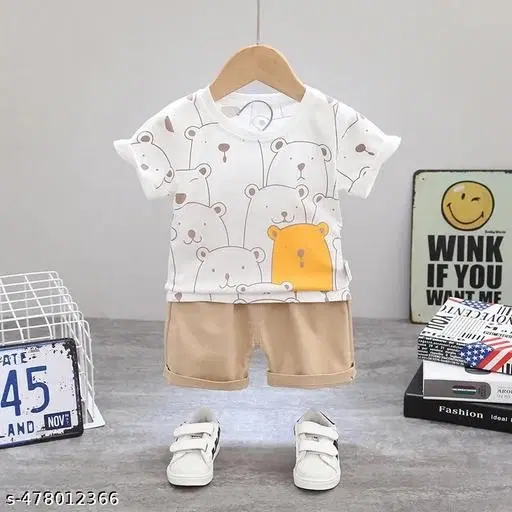 Bear Cartoon Printed T-Shirt And Short Set for Boys/Girls (White, 0-6 Months)