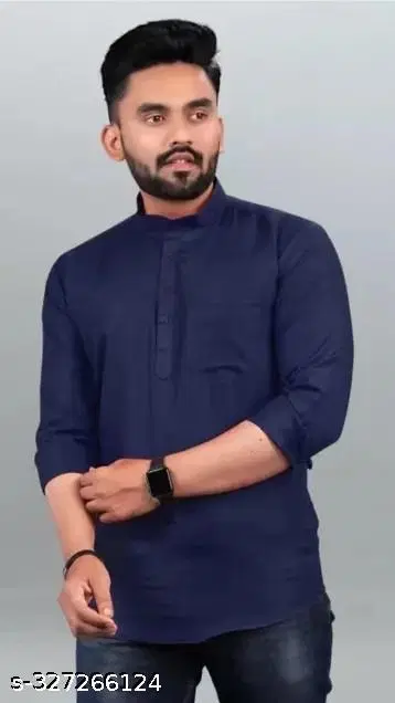 Cotton Blend Solid Short Kurta for Men, Navy Blue (M)