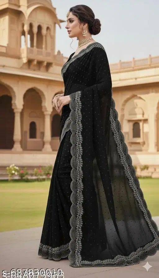 Chiffon Solid Saree For Women, Black