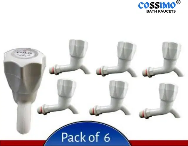 Plastic Long Body Bib Cock Tap with Wall Flange, White, Set of 6