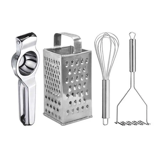 Oc9 Stainless Steel Lemon Squeezer & 4 in 1 Grater Or Slicer & Egg Whisk & Potato Masher Kitchen Tool Set, O-122