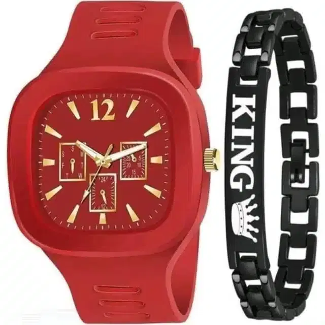 Analog Watch & Bracelet for Men, Pack of 2 (Red & Black)