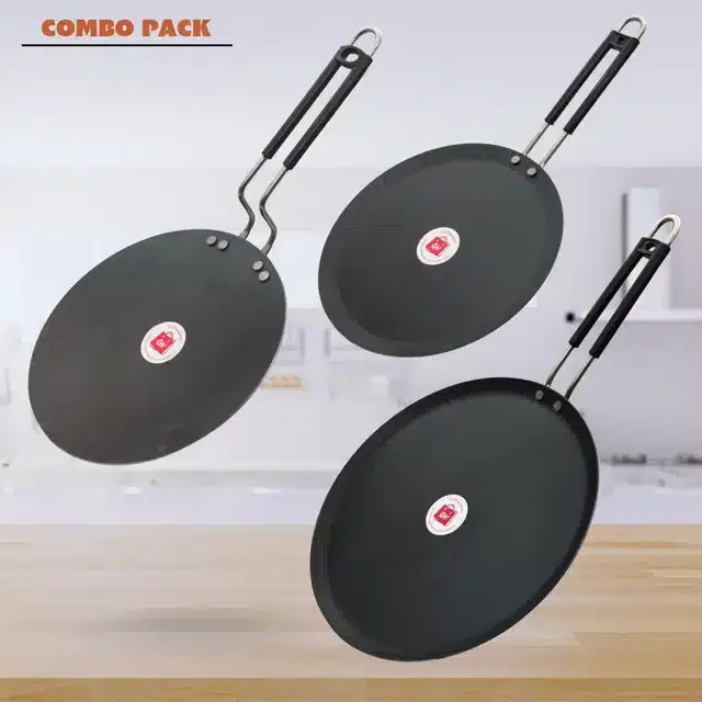 Frying Pan & Tawa Set, Pack of 3, Black