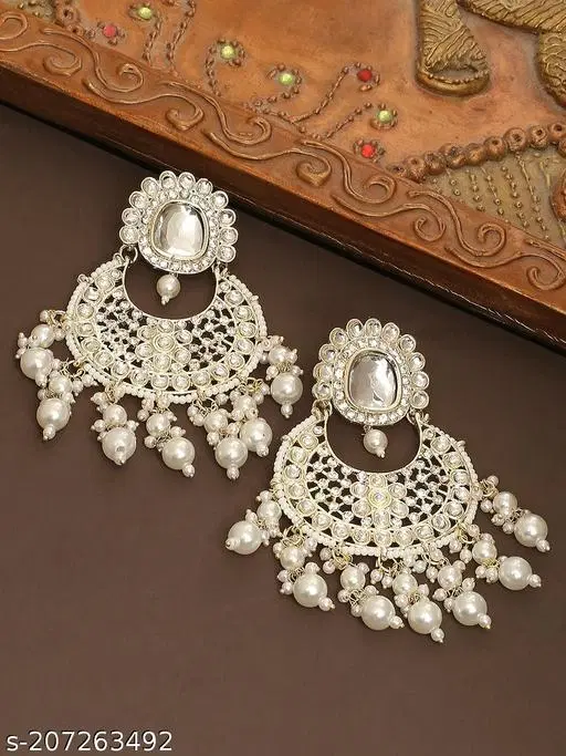 Latest Kudan Pearl Big Designer Earrings for Women (White, Free Size)