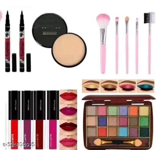 Eyeshadow 18 Colour Palette, Shimmer And Matte Shades For Eye Makeup+ Yanqina 36hours Eyeliner+5 Pc Makeup Brush Longlisting 4lipstick Pack Of 5