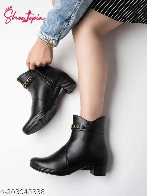Shoetopia Solid Synthetic Heeled Boots Black (IND-3)