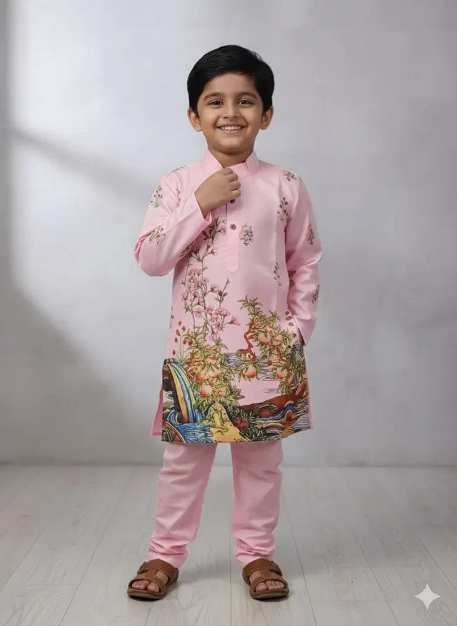 Silk Blend Printed Kurta & Payjama Set For Boys, Pink (7 - 8 Years)