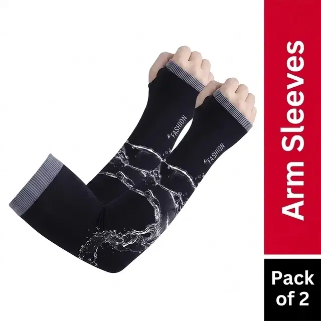 Printed Cotton Arm Sleeves for Men & Women - Pack of 2, Black