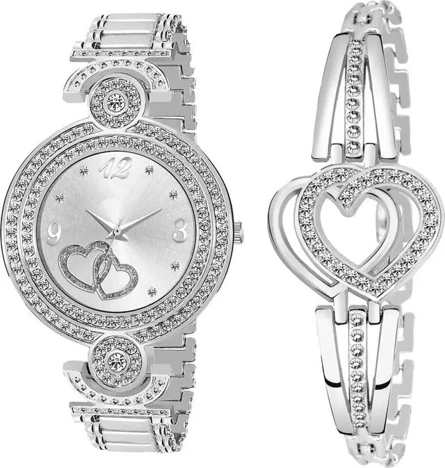 Metal Strap Analog Watch with Bracelet for Women & Girls, Set of 2 (Multicolor)