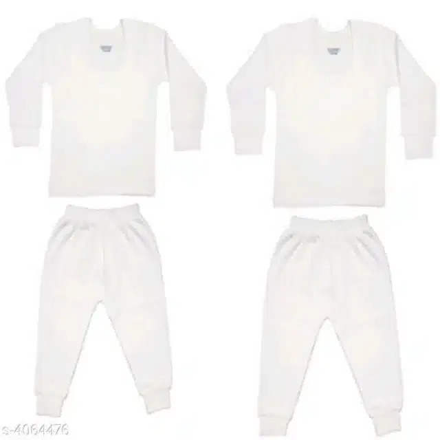 Cotton Blend Thermals Set for Kids, Set of 2 (White, 0-1 Years)