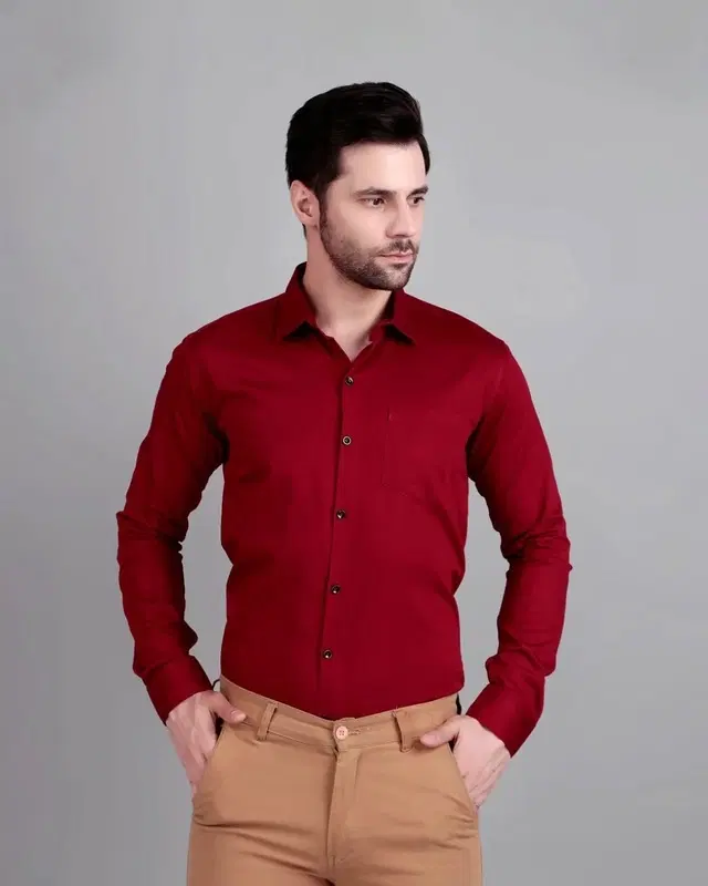 Cotton Blend Full Sleeves Solid Shirt for Men, Maroon (XXL)