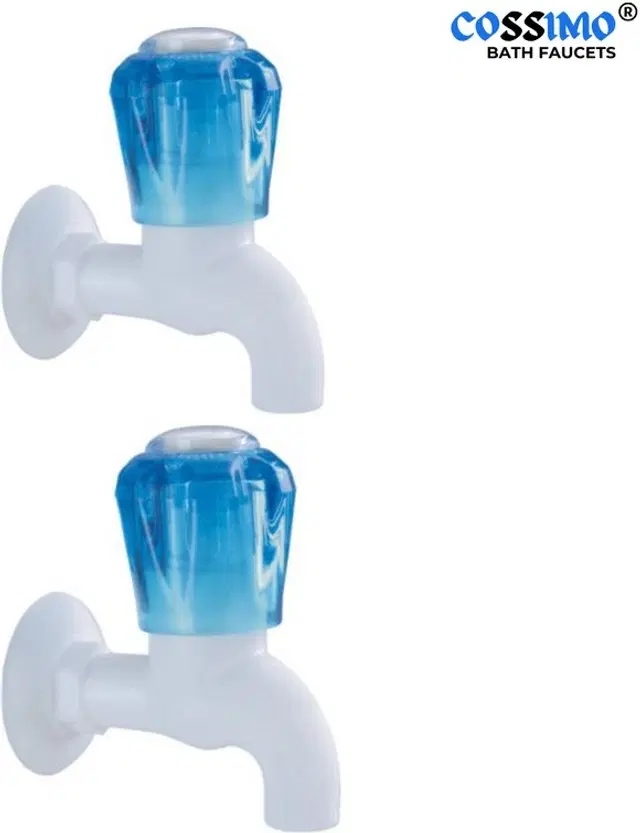 Plastic Short Body Bib Cock Tap with Wall Flange, White, Set of 2