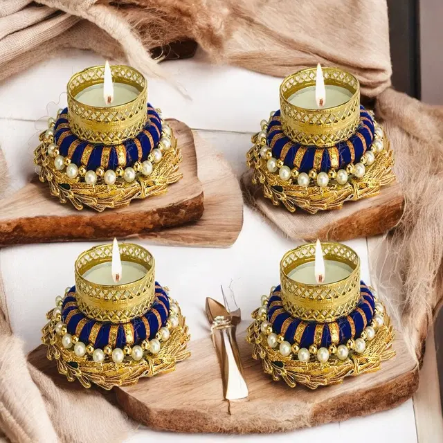 Metal Designer Tealight Candle Holder, Blue, 8.5x8.5x3.5 cm, Pack of 4