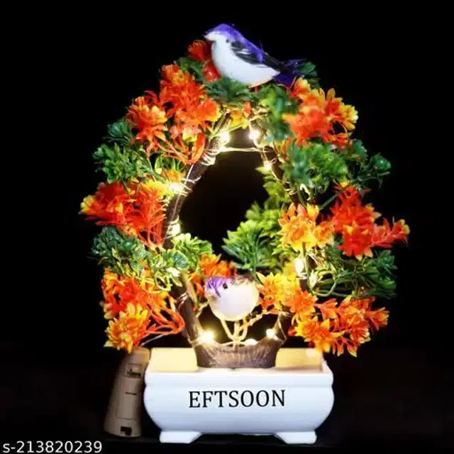Artificial Bonsai Plant with Sparrow & Light, Orange & Green, 28 cm