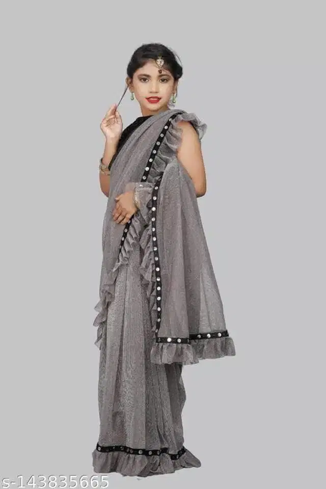 Ready to Wear Saree for Girls (Grey, 5-6 Years)