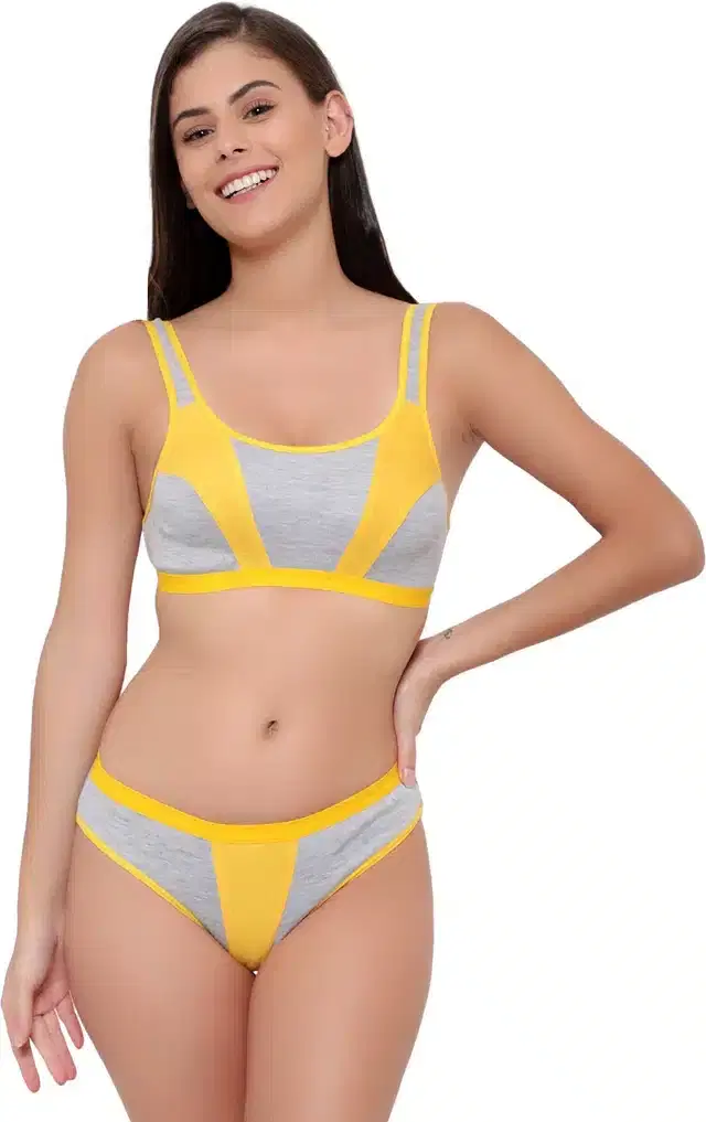 Cotton Blend Lingerie Set for Women (Yellow, 34)