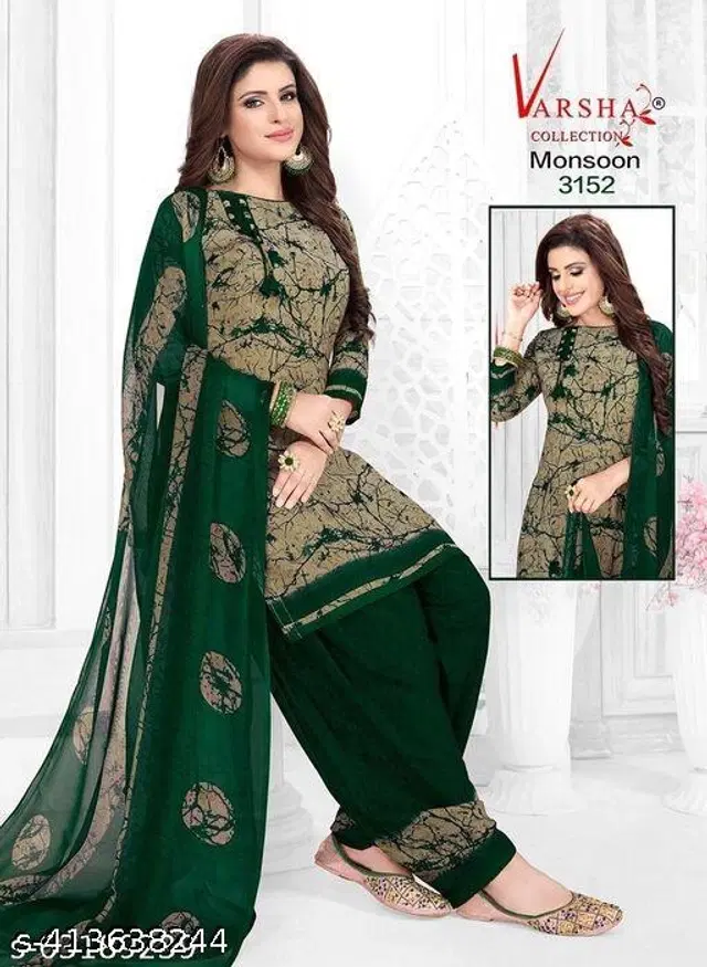 Crepe Printed Unstitched Suits Fabrics for Women (Green & Beige, 2.25 m)