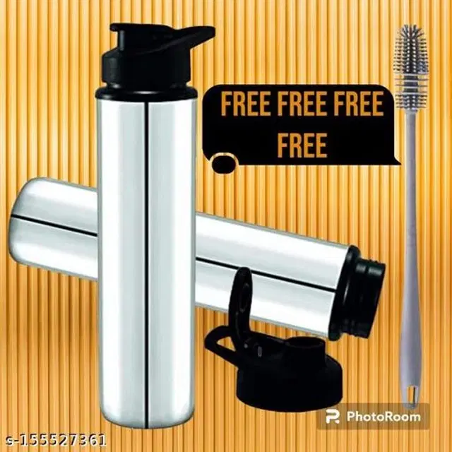 Stainless Steel 2 Pcs Water Bottle, 1000 ml with Cleaning Brush, Silver, Set of 3